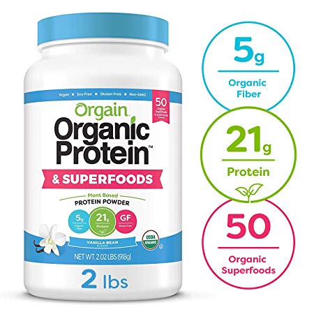 Orgain Organic Plant Based Protein   Superfoods Powder, Vanilla Bean - Vegan, Non Dairy, Lactose Free, No Sugar Added, Gluten Free, Soy Free, Non-GMO, 2.02 lb