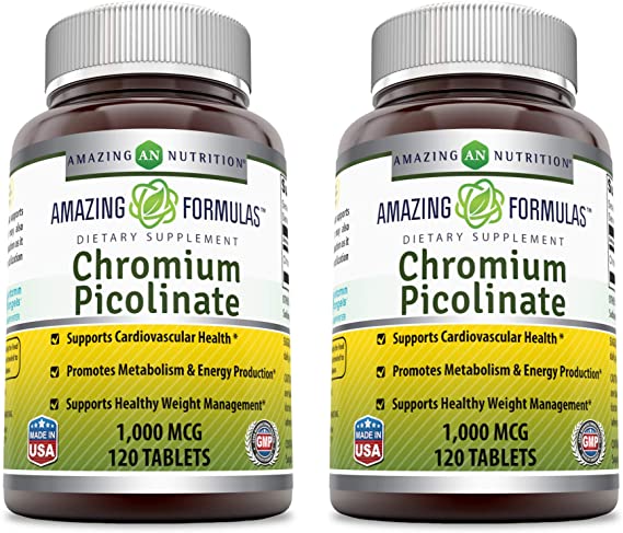 Amazing Nutrition Chromium Picolinate 1000 mcg 120 Tablets Supplement – Supports Healthy Weight Management & Healthy Metabolism (120 Count (Pack of 2))