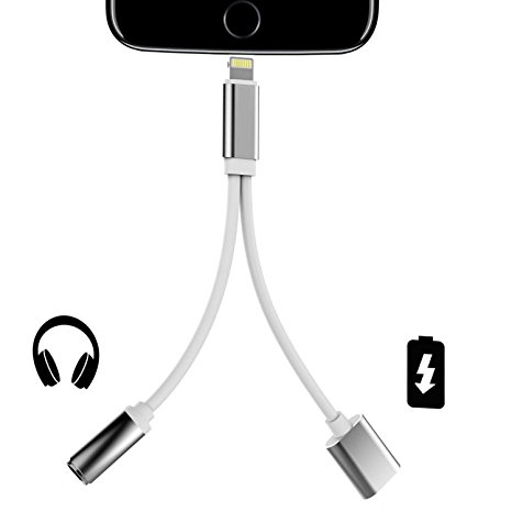 Lightning Adapter Cable Charge,iPhone 7 / 7 Plus Adapter 2Pack ,VOWSVOWS iPhone 7 / 7 Accessories 2 in 1 Lightning Adapter Cable Charge and Headphone Splitter (IOS 10.3) (Silver)