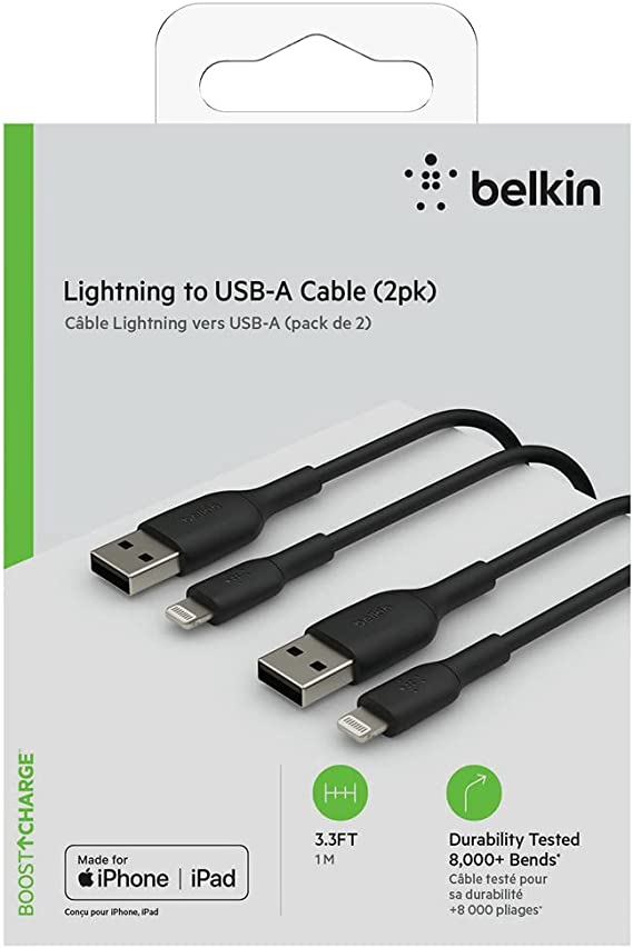 Belkin Lightning Cable (Boost Charge Lightning to USB Cable for iPhone, iPad, AirPods) MFi-Certified iPhone Charging Cable (Black, 1m) - 2 Pack