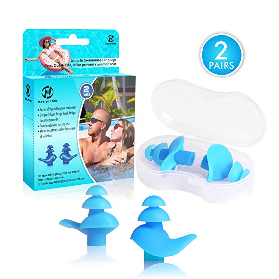 Hearprotek [Upgraded Design] Silicone Swimming Earplugs, 2 Pairs Waterproof Reusable Ear Plugs for Swimming Showering Bathing Surfing and Other Water Sports Adult Size