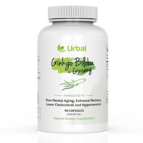 Ginkgo Biloba plus Ginseng by Urbal - Best for Brain - Extra Strength - Premium non-GMO - 500 mg - 90 Veggie Capsules