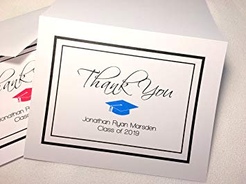 Personalized Graduation Thank You Note Cards with Envelopes. Choose Your School Color! Custom Printed. Choose sets of 50 or 20. Blank Inside. High Quality, White folding cards. (20)