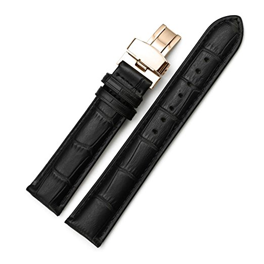 iStrap 20mm Calf Leather Watch Band Replacement Strap W/ Rose Gold Steel Deployant Buckle Black