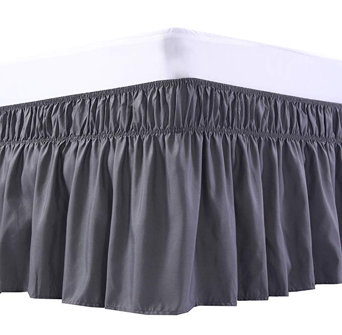 MEILA Three Fabric Sides Wrap Around Elastic Solid Bed Skirt, Easy On/Easy Off Dust Ruffled Bed Skirts 16 inch Tailored Drop (Queen/King, Dark Grey)