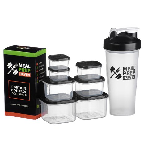 Meal Prep Haven 7 Piece Portion Control Container Kit with Guide and Protein Shaker Bottle, Black Lids