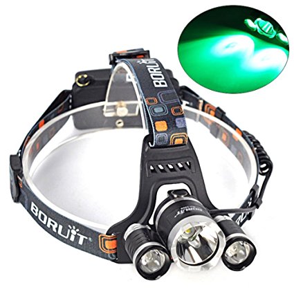 Topwell® Night Hunting Green/Red Light Tactical 5000LM 3 x CREE XM-L T6  2 x Green R5 LED Head Headlight Torch Lamp Headlamps for Night Fishing with 2 Pcs 18650 2500 Mah Rechargeable Battery AC Charger and Car Charger