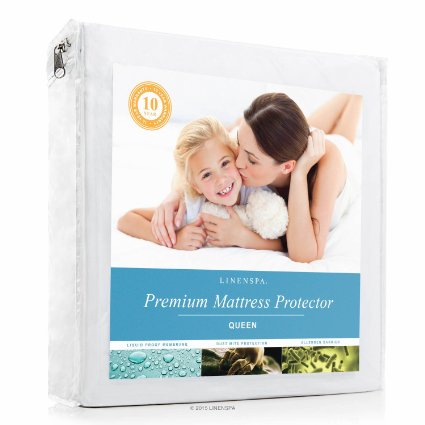 LINENSPA Premium Mattress Protector - 100 Waterproof - Hypoallergenic - 10 Year Warranty - Vinyl Free - Queen  White