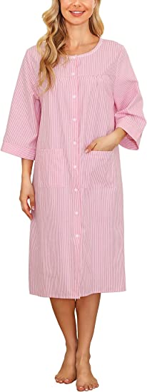 House Coat Women Duster Housedress 3/4 Sleeve Muu Muu Snap Robes Cotton Nightgown Pockets