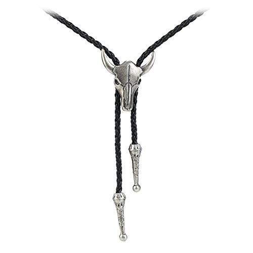 Jenia Unisex Cow Skull Black Man-Made Leather Necktie Cord Bolo Tie Necklace Western Cowboy Gift