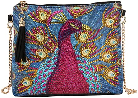 5D Diamond Painting Crossbody Bag with Chain,Crystal Tassel Zipper Handbag, Rhinestone Leather Purse Clutch, Diamond Painting Kits for Adults Kids,Makeup Shoulder Bag for Girl Women (Peafowl)