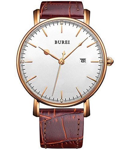 BUREI® Unisex Ultra-thin Big Face Rose Gold Bezel Date Quartz Watch with Brown Calfskin, White Dial