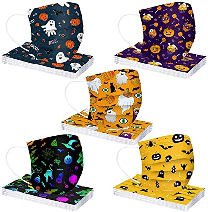 50Pcs Halloween Disposable Face_Masks Colored Printed Mouth_Cover for Women Adult with Cute Design 3-ply Face Protection Pads