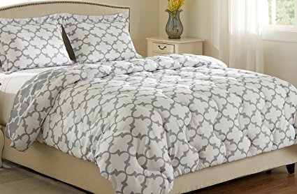 Millihome Downluxe TM Lightweight Printed Luxurious Soft Brushed Microfiber Down Alternative Reversible 3-piece Comforter Set with 2 Reversible Pillow Shams,Grey, Full/Queen