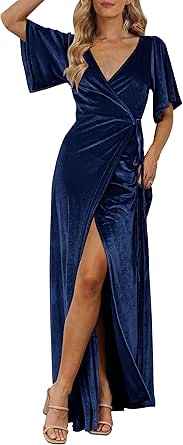 MEROKEETY Women's V Neck Wrap Velvet Maxi Dress Bell Sleeve Split Bridesmaid Cocktail Party Dresses