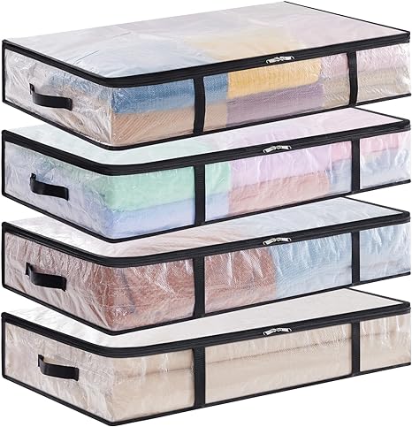 Lifewit 4 Pack Under Bed Storage, 60L Large Clear Plastic Storage Bags, Clothes Storage Boxes Wardrobe Storage Organizer with Reinforced Handle Durable PP Fabric for Bedding Clothes Blanket