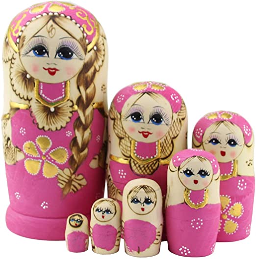 Moonmo 7pcs Cute Pink Sweater Braid Girl Russian Nesting Dolls Matryoshka Toys