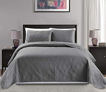 Mk Collection Full/Queen Size over size 100"x106" 3 pc Diamond Bedspread Bed-cover Embossed solid Grey New