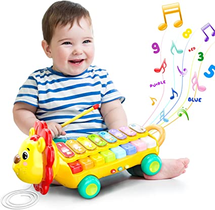 Ohuhu Kids Musical Instruments Toys: Electronic Piano Keyboard Xylophone Infant Early Learning Eduactional Gift - Montessori Musical Toys with Lights - Push Pull Toy Lion for Baby Toddler Girls Boys