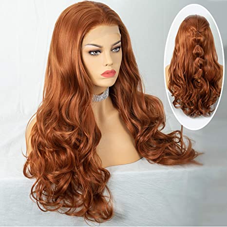 Cosswigs Long Orange Lace Front Wig for Women Long Wavy Synthetic Ginger Wigs with Baby Hair Heat Resistant Fiber 24inches