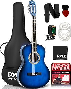 Pyle Classical Acoustic Guitar Kit, 3/4 Junior Size All Wood Instrument for Beginner Kids, Adults, 36" Ocean Blue