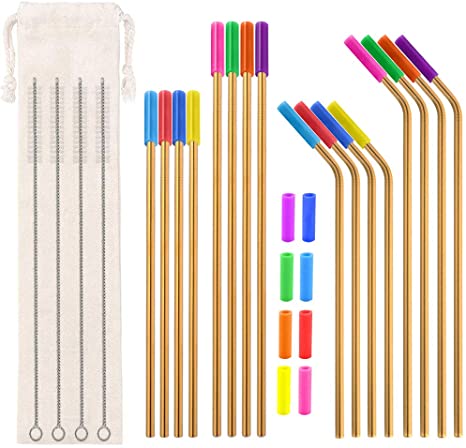 Gold Metal Straws Reusable 8.5" 10.5" 6mm Bent Straight Straws for 20 30oz Tumblers, 16pcs Stainless Steel Drinking Straws, 24 Silicone Tips, 4 Straw Cleaner Brush, 1 Pouch