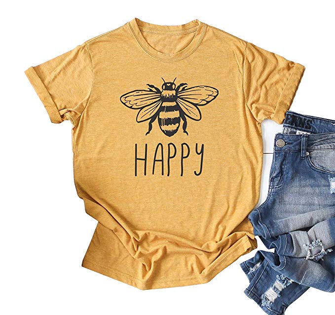 HDLTE Vintage Happy Bee T Shirt Women Short Sleeve Retro Graphic Casual Tshirt Tees
