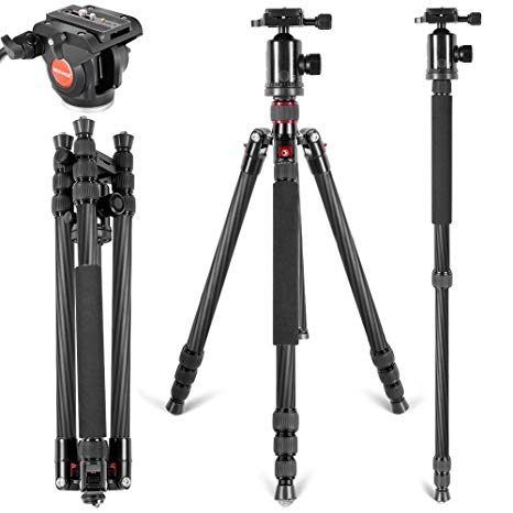 Neewer Carbon Fiber 66 inches/168 centimeters Camera Tripod Monopod with 360 Degree Ball Head, Quick Shoe Plate, Fluid Drag Pan Head for DSLR Cameras Video Camcorders, Load Capacity up to 26.5 pounds