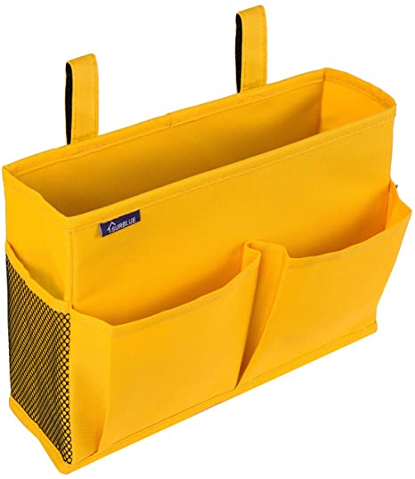Surblue Bedside Caddy Hanging Bed Organizer Storage Bag Pocket for Bunk and Hospital Beds, College Dorm Rooms Baby Bed Rails,Camp 4 Pockets and 2 Hooks (Yellow)