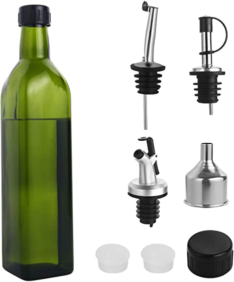 Glass Olive Oil Dispenser Bottle - [500 ml / 17 fl. oz.] Dark Green Oil and Vinegar Cruet with Pourers, Funnel and Spout Set - Olive Oil Carafe Decanter for Kitchen