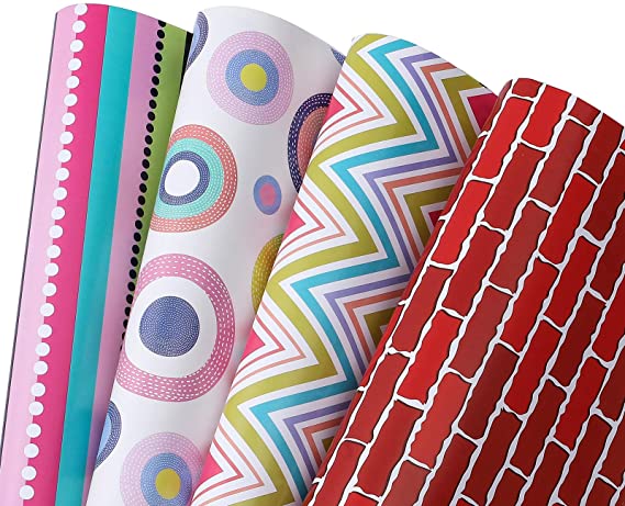 Camkuzon Wrapping Paper for Birthday, Fathers Day, All Occasion, 20 inch x 29 inch, 10 Sheets Pack, Folded Flat - Gift Wrap with Stripes, Wave, Red Bricks, Colorful Dots