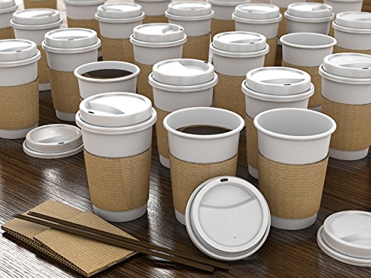 JUMBO Set of 55 - Paper Coffee Hot Cups, Travel Lids, Sleeves & Stirrers -12oz / 360ml - WHITE - Office/Party Pack - to go Coffee Cups, Disposable Travel Mug & Paper Cups/Cold Coffee, Tea & Chocolate