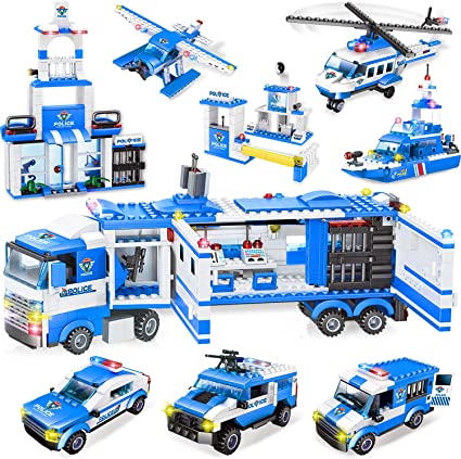 1039 Pieces City Police Station Building Blocks Set, 8 in 1 Mobile Command Center construction Toy with Cop Car, Helicopter, Boat, Best Learning Roleplay Gift STEM City Police Toy for Boy Girl Ages 6
