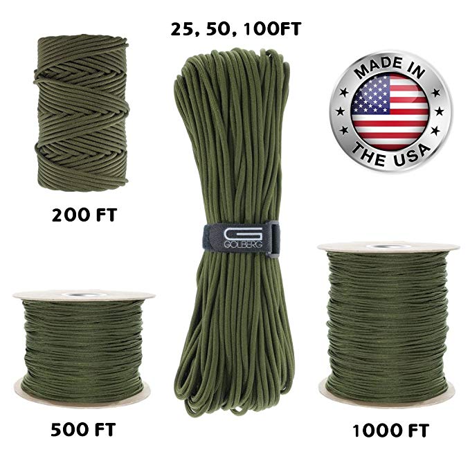 GOLBERG 550lb Parachute Cord Paracord - 100% Nylon USA Made Mil-Spec Type III Paracord - Used by The US Military - Multiple Colors & Lengths Available