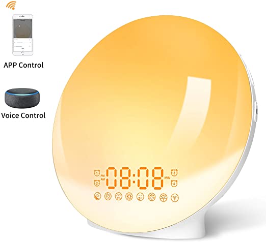 Smart Wake Up Light WiFi Alarm Clock with Sunrise/Sunset Simulation 4 Alarms Snooze Function FM Radio Bedside Night Light 7 Natural Sounds 7 Color Atmosphere Lamp 20 Brightness