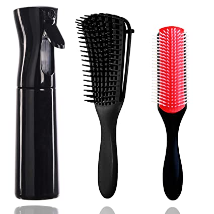 Hair Continuous Spray Bottle Set, 9-Row Cushion Nylon Bristle Brush  Detangling Brush Water Sprayer Brush Set Hair for Hairstyling, Cleaning, Plants & Misting, (300ML&10 Ounce, Black)