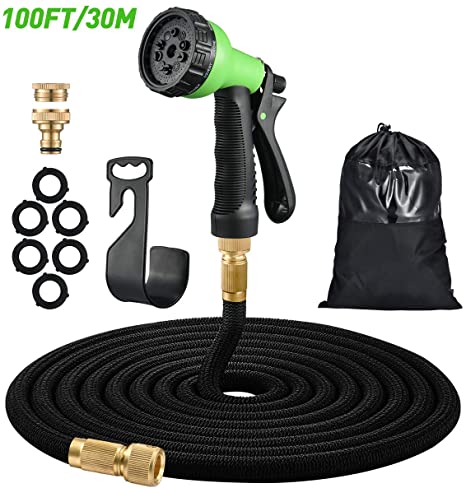 Homitt Garden Hose Pipe, 100ft/30M Anti-leakage Expanding Garden Hose with 10 Function Spray Nozzle＆Solid Brass Fittings＆Storage Bag, Water Hose Pipe for Watering and Washing