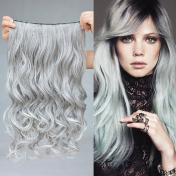 REECHO® 20" 1-Pack 3/4 Full Head Curly Wave Grandma Hair Color Clips in on Synthetic Hair Extensions Hairpieces for Women 5 Clips 4.6 Oz per Piece - Silver Grey