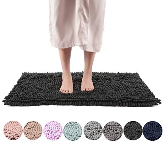 Freshmint Chenille Bath Rugs Extra Soft and Absorbent Microfiber Shag Rug, Non-Slip Runner Carpet for Tub Bathroom Shower Mat, Machine-Washable Durable Thick Area Rugs (20" x 32", Black)