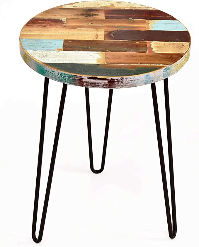NXN-HOME Side Table Reclaimed Wood, Round Hairpin Leg End Table, Night Stand, Recycled Boat Wood, 17" Tall