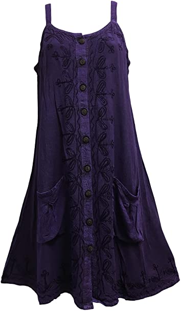 Yoga Trendz Stonewashed Embroidered Sleeveless Two Pocket Boho Cami Shift Dress Leela