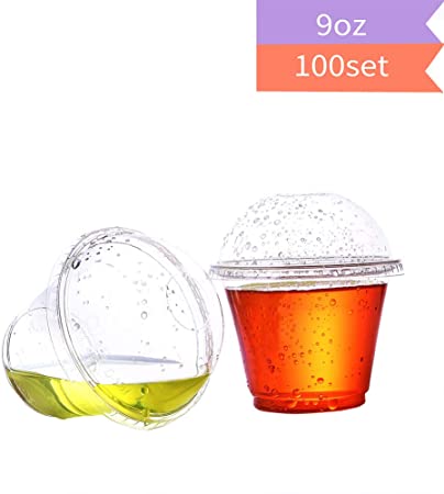 【9 oz -100sets】Clear plastic cups with dome lids-Plastic Portion Cups -PET- Disposable cold drink party cups for Cold Drink/Bubble Boba/Iced Coffee/Tea/Smoothie