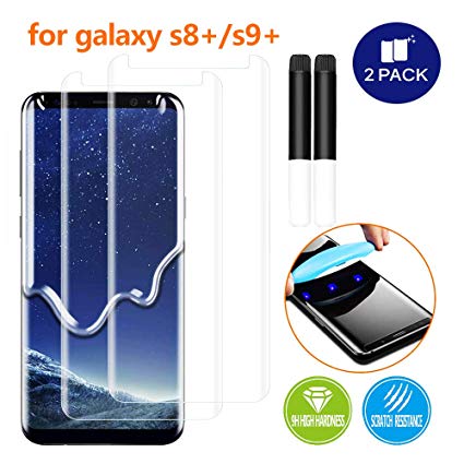 Johncase [2 Pack] New Upgrade Screen Protector Compatible for Samsung Galaxy S8 Plus/S9 Plus (S8 /S9 ), Full Edge 3D Curved Tempered Glass Film W/UV Liquid Adhesive Light Installation Kit