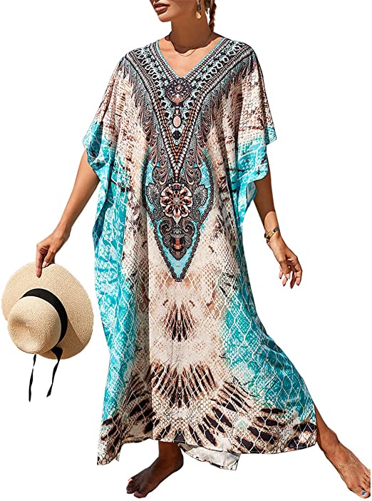 Bsubseach Women Bathing Suit Cover Up Ethnic Print Kaftan Beach Maxi Dresses