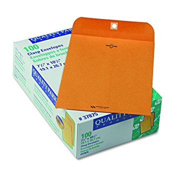 Quality Park Gummed Kraft Clasp Envelopes, 7.5 x 10.5, Box of 100  (37875)
