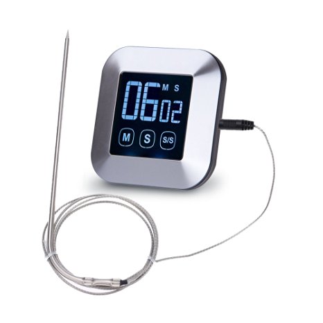 Large LCD Meat Thermometer & Timer Touchscreen Digital Cooking Kitchen Oven Grill & BBQ Thermometer with Stainless Steel Waterproof & Heat Resistant Probe
