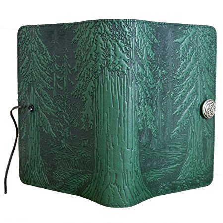 Genuine Leather Refillable Large Notebook Cover for 5.25 x 8.25 Inch Notebooks | Embossed Forest Design, Green with Pewter Button | Made in the USA by Oberon Design