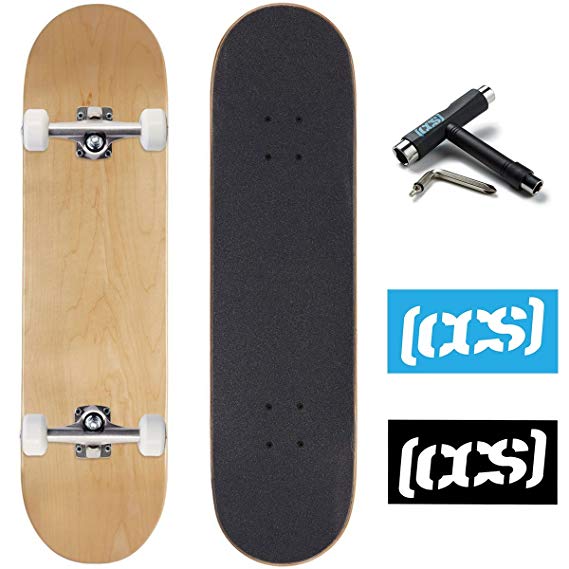 CCS Skateboard Complete - Color Logo and Natural Wood - Fully Assembled - Includes Skateboard Tool and Stickers