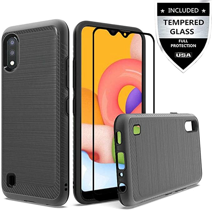 Samsung Galaxy A01 Case with Tempered Glass Screen Protector,IDEA LINE Hybrid Hard Shockproof Slim Fit Brushed Shockproof Protector Cover Heavy Duty Protective - Black