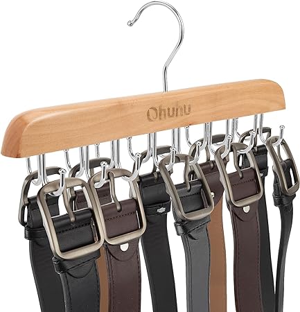 Belt Hanger Organizer for Closet, Ohuhu 16 Hooks Tie Rack Wooden Belt Holder for Storage, 360 Degree Rotating Space Saver Organizer for Men Women Belt Tie Scarf Tank Top Accessories